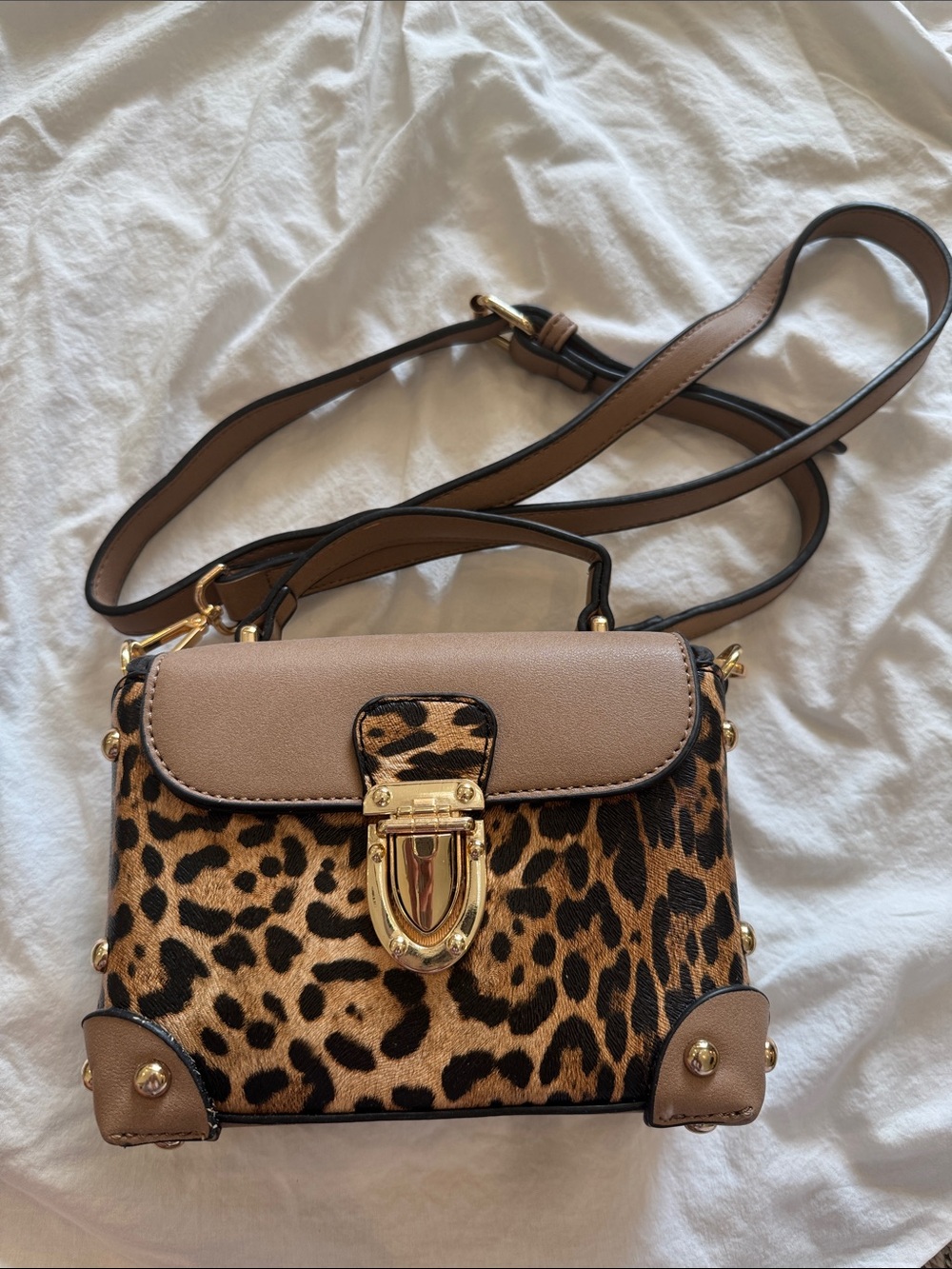 Leopard Print Crossbody Bag with Taupe Trim